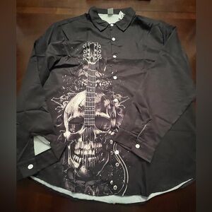 Black Graphic Skull Guitar Men's Long Sleeve Shirt NWT 🎸💀